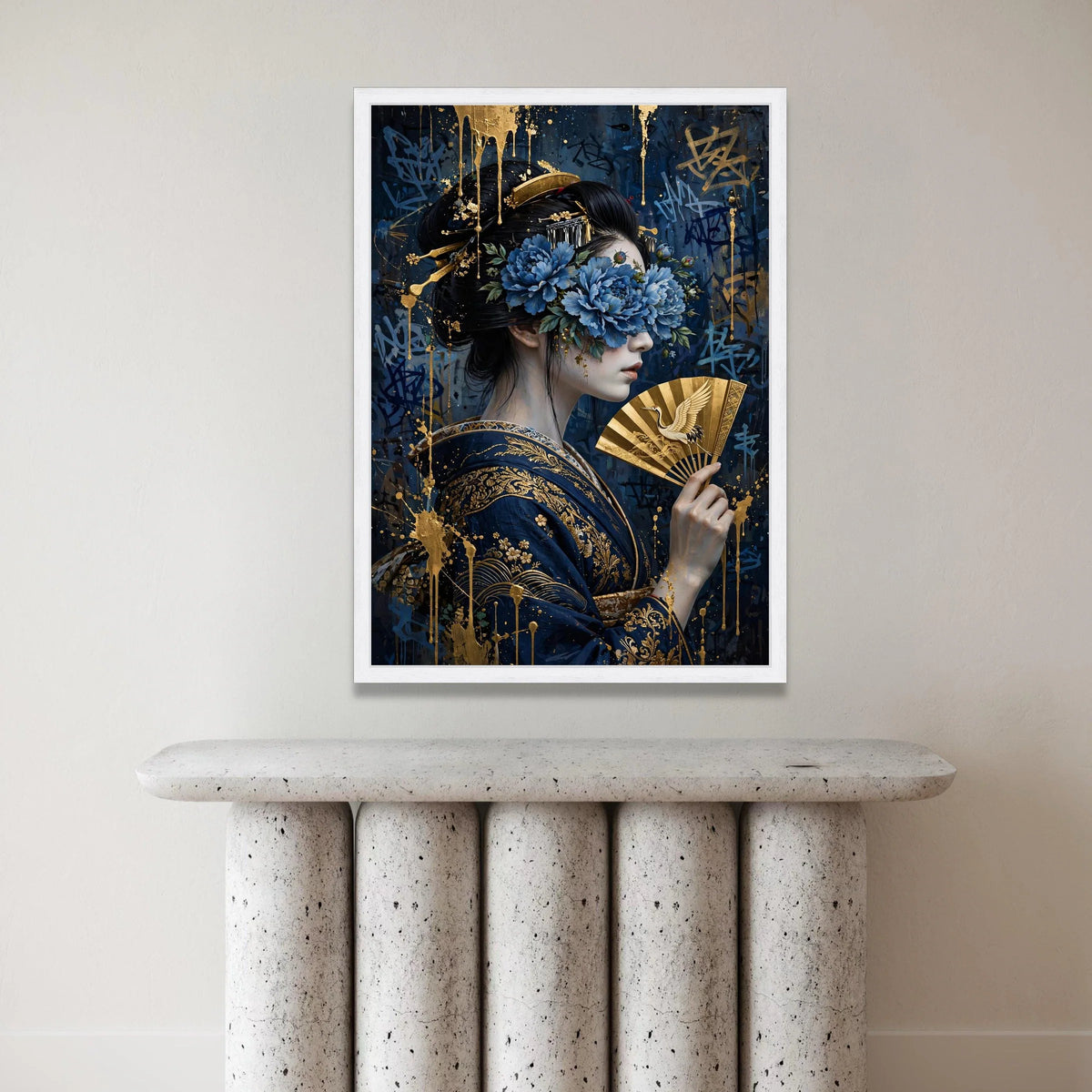 Elegant Geisha Portrait Canvas Wall Art, Blue Floral Mask, Golden Fan Artwork, Japanese Traditional Style, Decorative Home Canvas Print Art