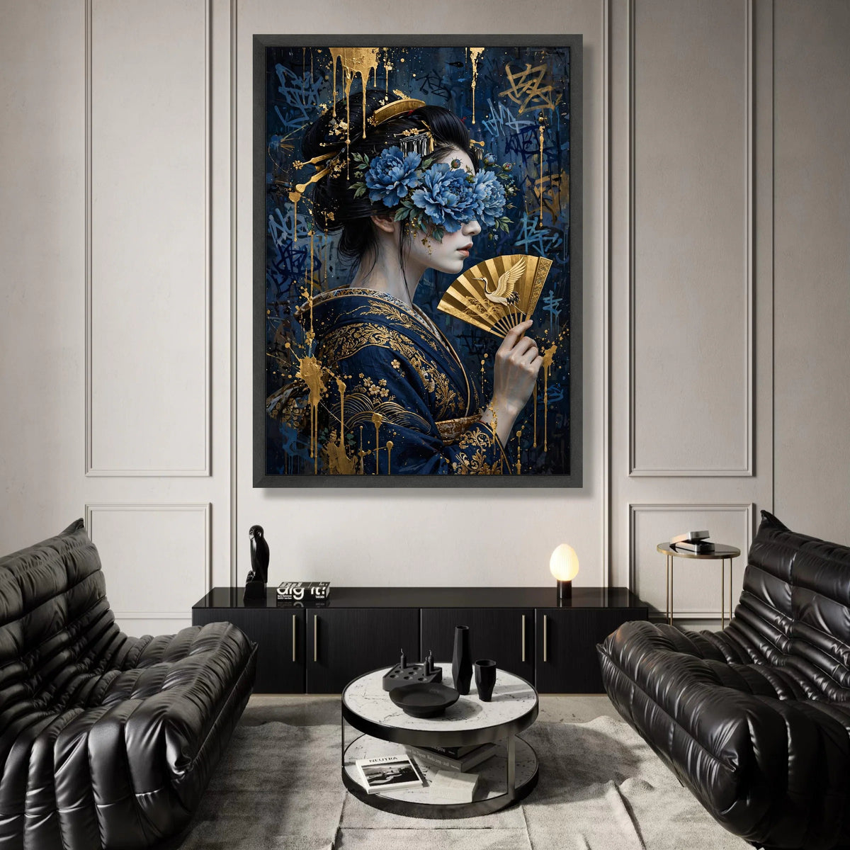 Elegant Geisha Portrait Canvas Wall Art, Blue Floral Mask, Golden Fan Artwork, Japanese Traditional Style, Decorative Home Canvas Print Art