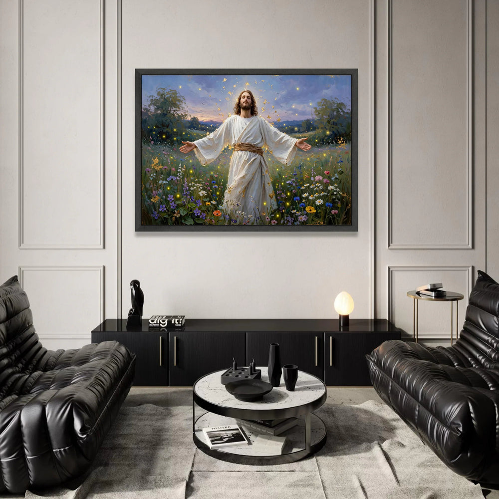 Jesus Christ Blooming Field Canvas, Spiritual Inspirational Wall Art, Religious Landscape Painting, Peaceful Garden Canvas Print Art