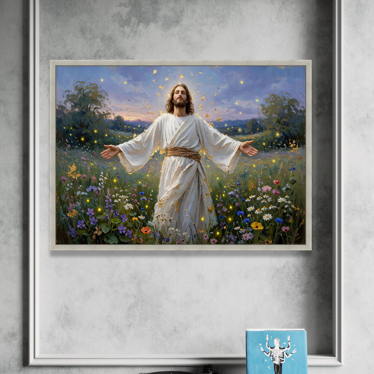 Jesus Christ Blooming Field Canvas, Spiritual Inspirational Wall Art, Religious Landscape Painting, Peaceful Garden Canvas Print Art