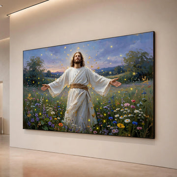 Jesus Christ Blooming Field Canvas, Spiritual Inspirational Wall Art, Religious Landscape Painting, Peaceful Garden Canvas Print Art