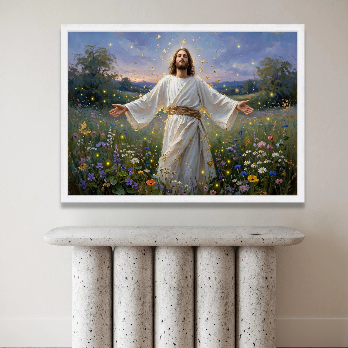 Jesus Christ Blooming Field Canvas, Spiritual Inspirational Wall Art, Religious Landscape Painting, Peaceful Garden Canvas Print Art