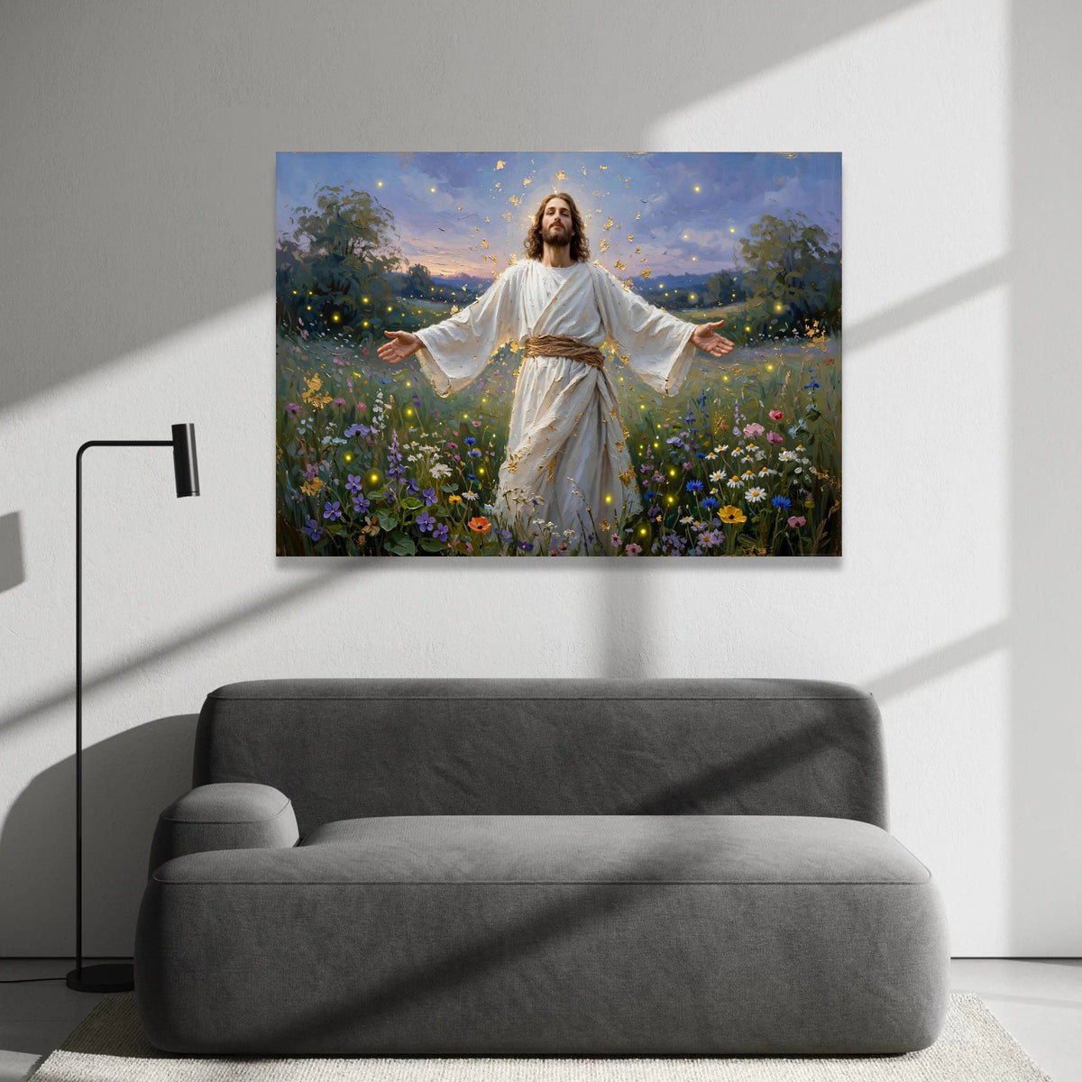 Jesus Christ Blooming Field Canvas, Spiritual Inspirational Wall Art, Religious Landscape Painting, Peaceful Garden Canvas Print Art