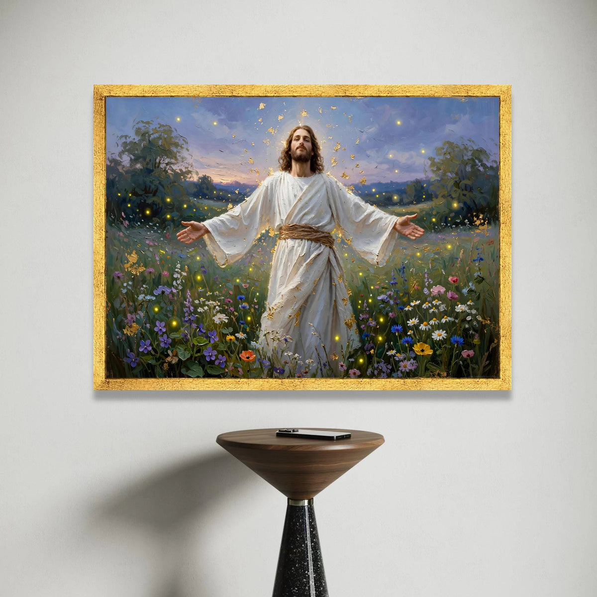 Jesus Christ Blooming Field Canvas, Spiritual Inspirational Wall Art, Religious Landscape Painting, Peaceful Garden Canvas Print Art