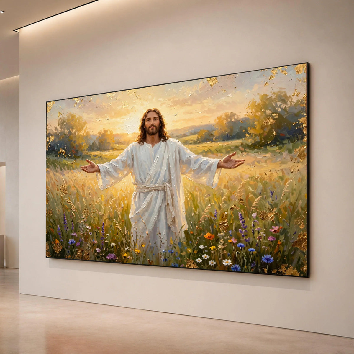 Jesus Christ White Robe Canvas, Open Arms Spiritual Wall Art, Religious Landscape Canvas, Meadow Sunset Canvas, Canvas Print Art