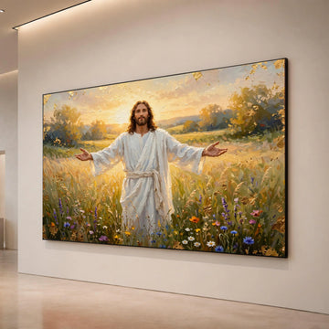 Jesus Christ White Robe Canvas, Open Arms Spiritual Wall Art, Religious Landscape Canvas, Meadow Sunset Canvas, Canvas Print Art