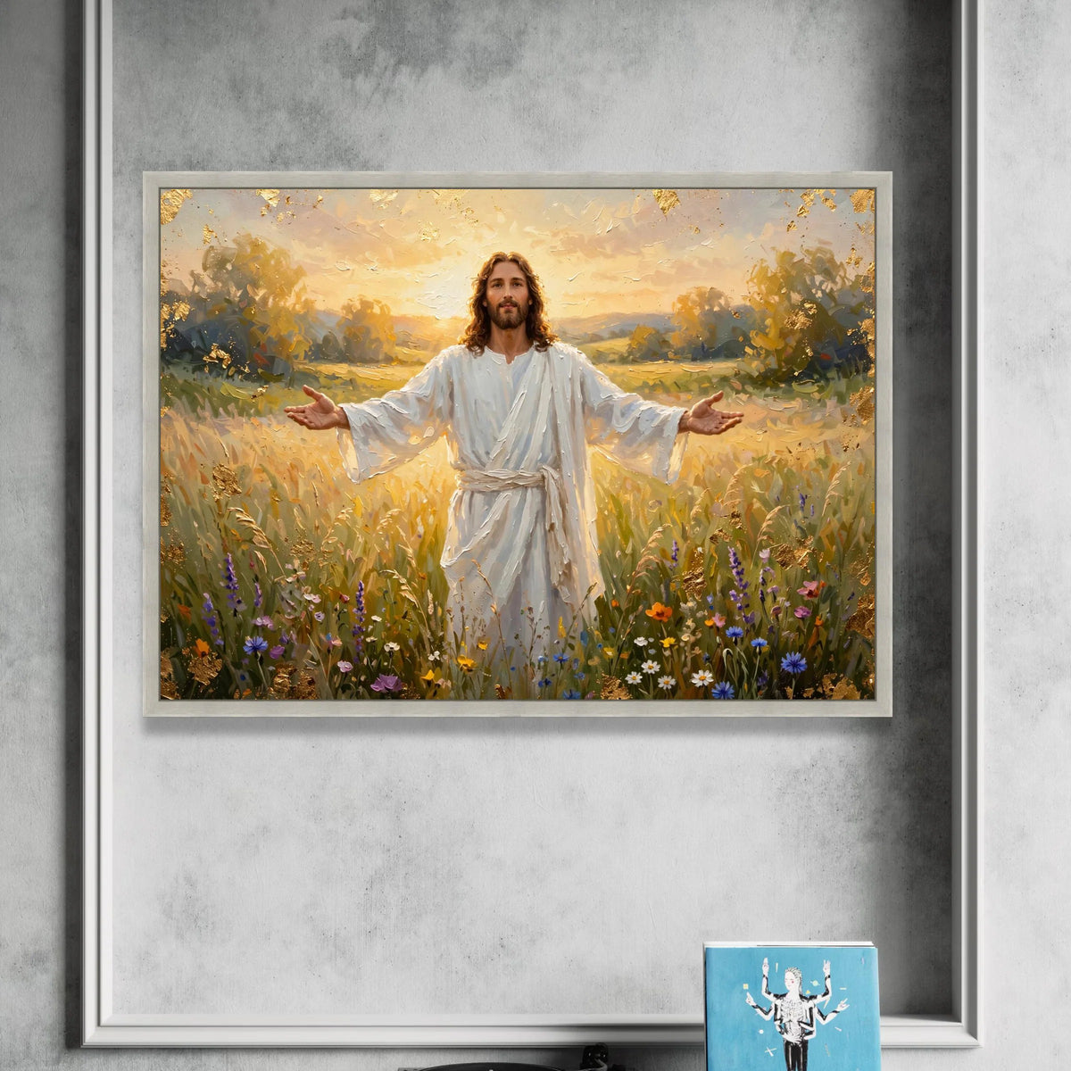 Jesus Christ White Robe Canvas, Open Arms Spiritual Wall Art, Religious Landscape Canvas, Meadow Sunset Canvas, Canvas Print Art