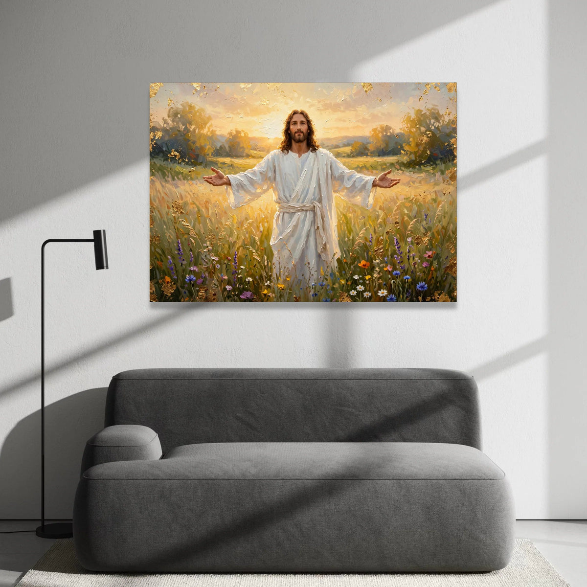 Jesus Christ White Robe Canvas, Open Arms Spiritual Wall Art, Religious Landscape Canvas, Meadow Sunset Canvas, Canvas Print Art