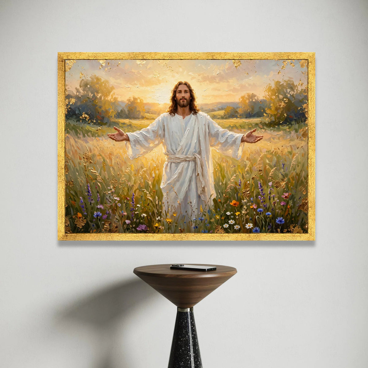 Jesus Christ White Robe Canvas, Open Arms Spiritual Wall Art, Religious Landscape Canvas, Meadow Sunset Canvas, Canvas Print Art