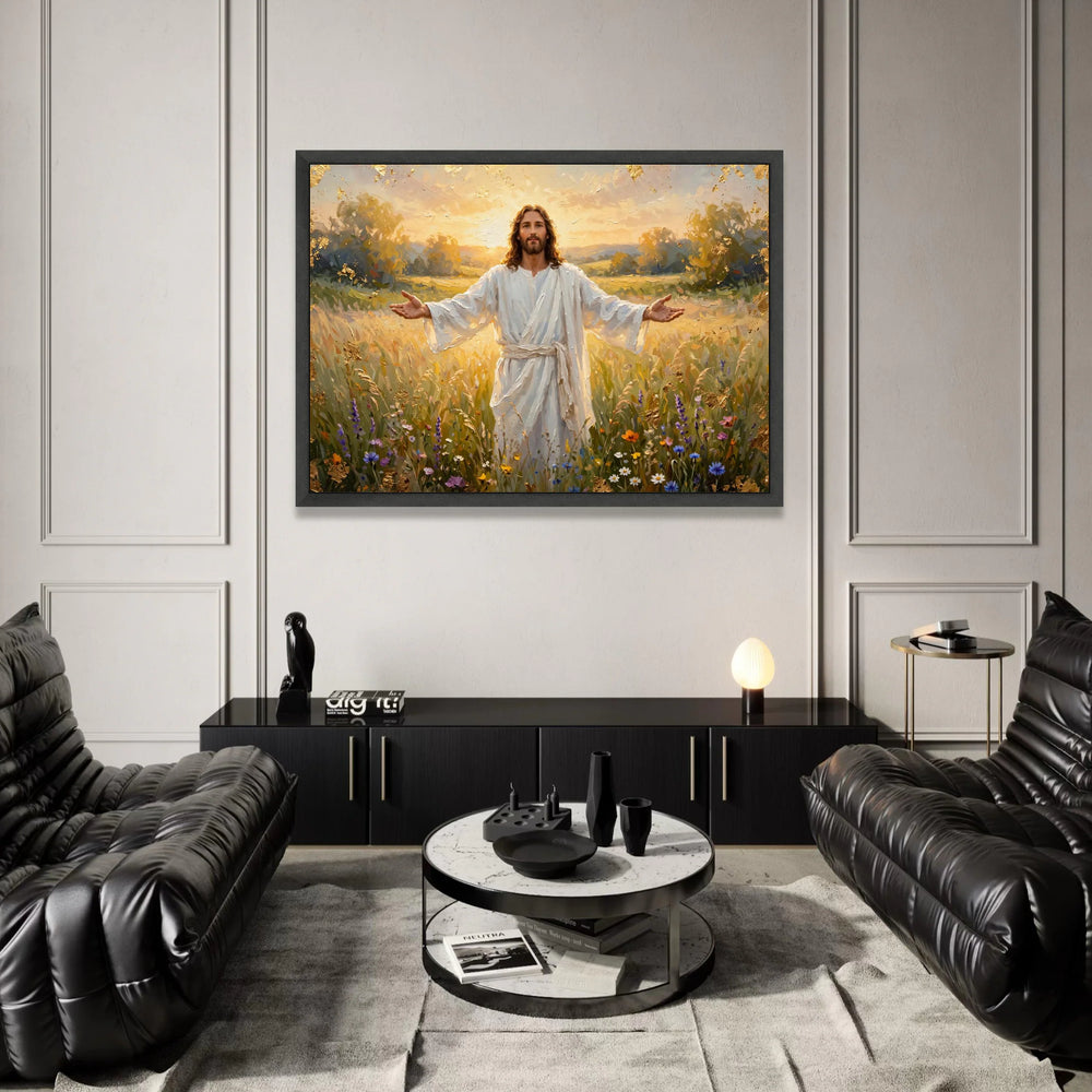 Jesus Christ White Robe Canvas, Open Arms Spiritual Wall Art, Religious Landscape Canvas, Meadow Sunset Canvas, Canvas Print Art