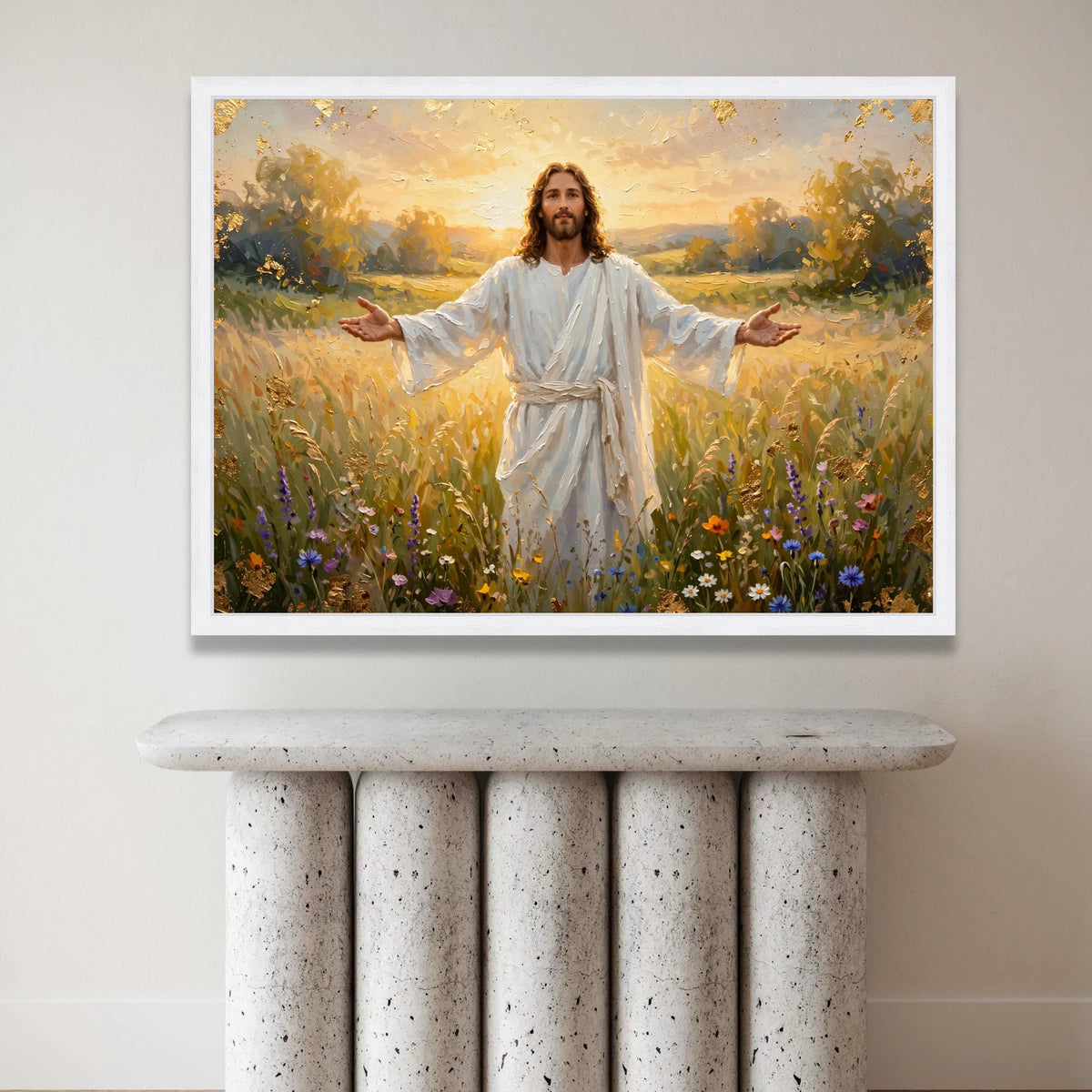 Jesus Christ White Robe Canvas, Open Arms Spiritual Wall Art, Religious Landscape Canvas, Meadow Sunset Canvas, Canvas Print Art