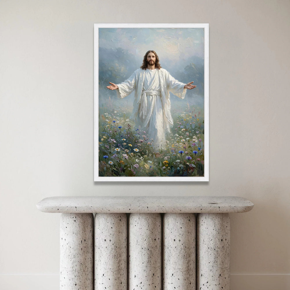 Inspirational Jesus Canvas Wall Art, Divine Figure Painting, Spiritual Home Decoration, Christian Religious Canvas, Floral Canvas Print Art