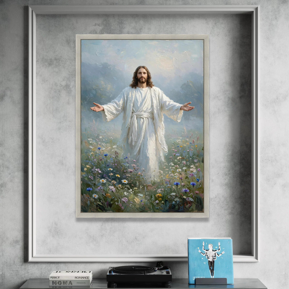 Inspirational Jesus Canvas Wall Art, Divine Figure Painting, Spiritual Home Decoration, Christian Religious Canvas, Floral Canvas Print Art