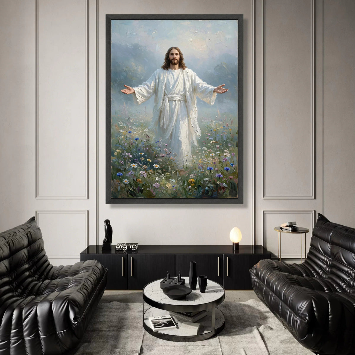 Inspirational Jesus Canvas Wall Art, Divine Figure Painting, Spiritual Home Decoration, Christian Religious Canvas, Floral Canvas Print Art