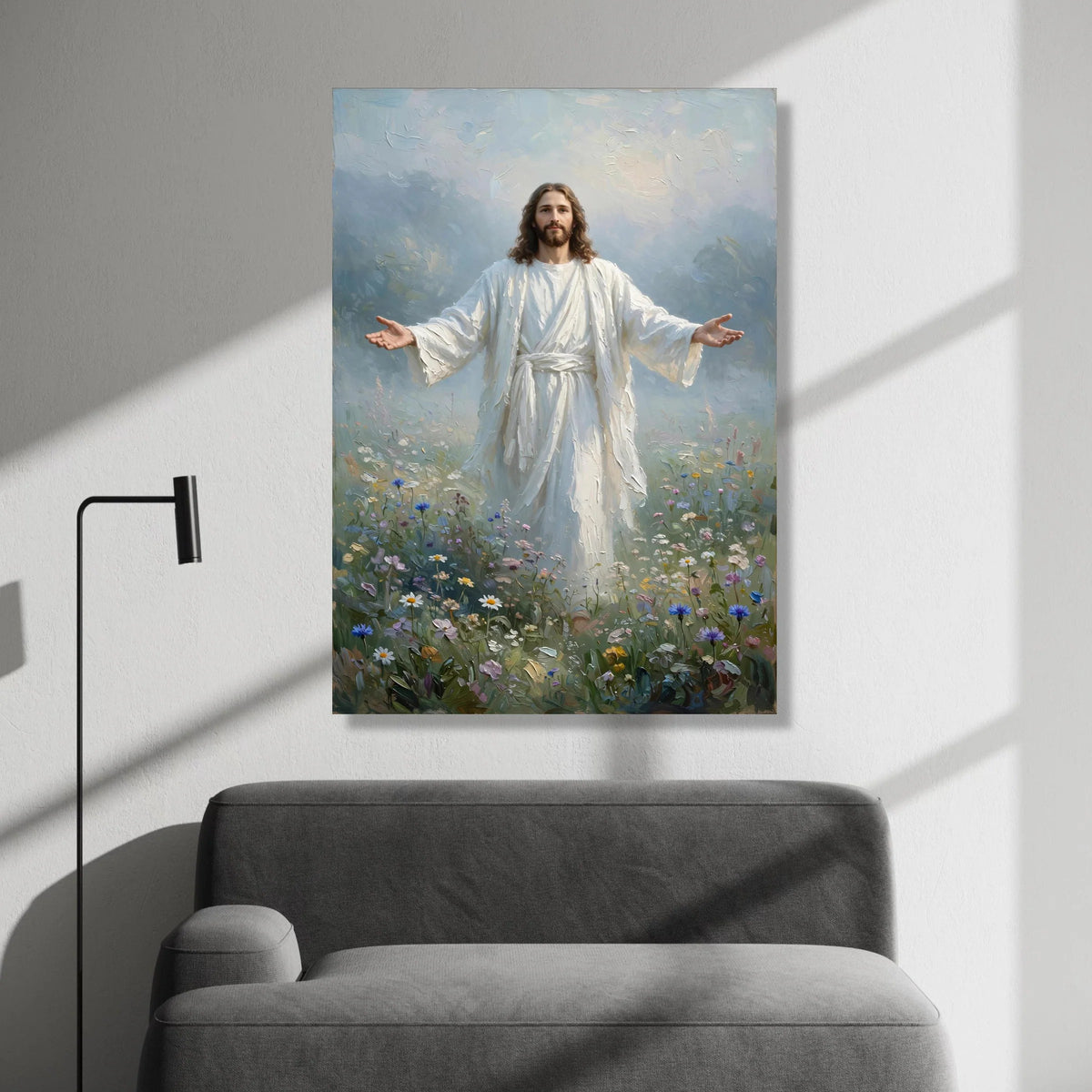 Inspirational Jesus Canvas Wall Art, Divine Figure Painting, Spiritual Home Decoration, Christian Religious Canvas, Floral Canvas Print Art
