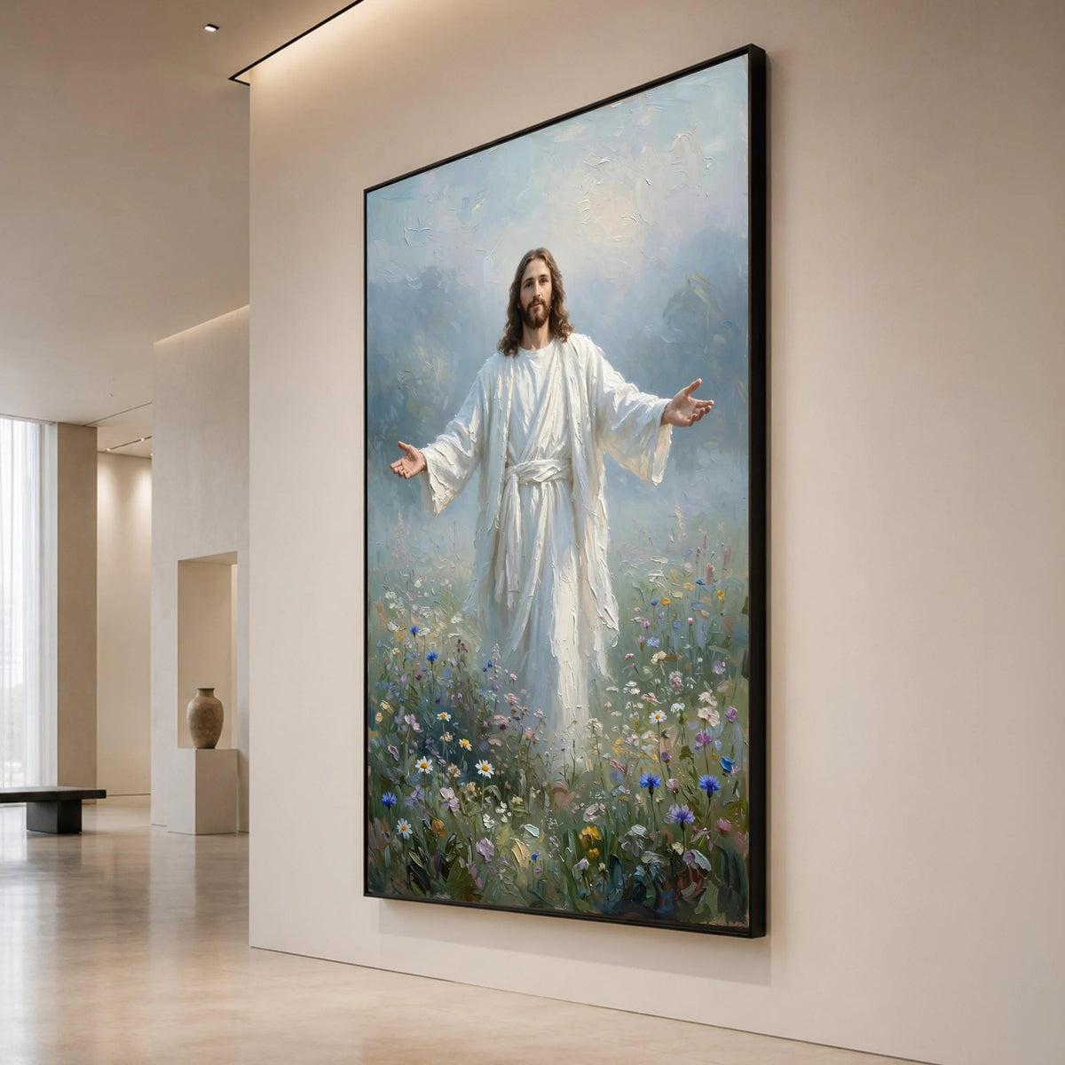 Inspirational Jesus Canvas Wall Art, Divine Figure Painting, Spiritual Home Decoration, Christian Religious Canvas, Floral Canvas Print Art