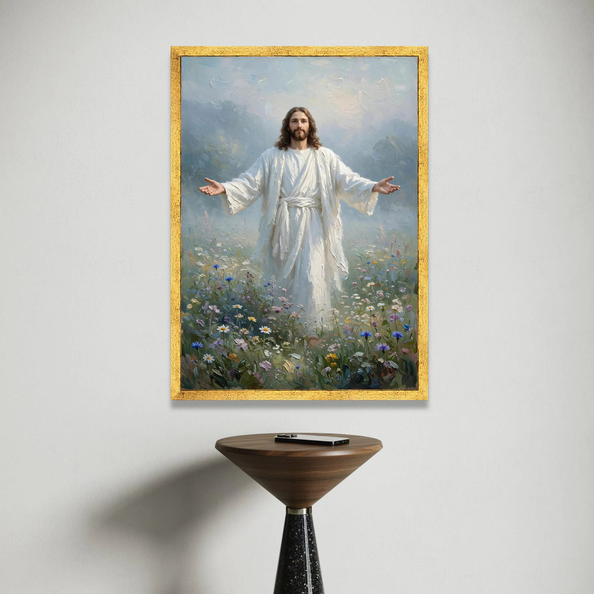 Inspirational Jesus Canvas Wall Art, Divine Figure Painting, Spiritual Home Decoration, Christian Religious Canvas, Floral Canvas Print Art