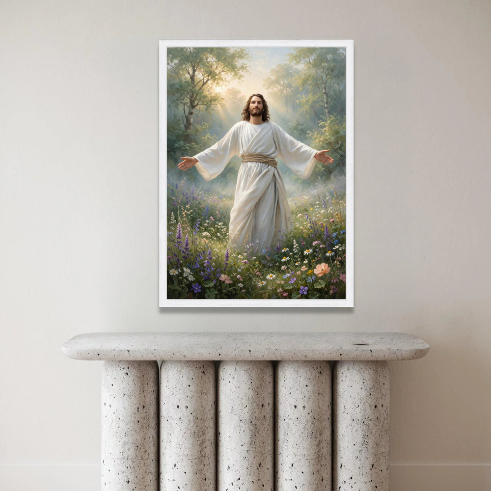 Radiant Christ Figure Canvas, Spiritual Nature Scene, Peaceful Garden Wall Art, Inspirational Religious Canvas, Serenity Canvas Print Art