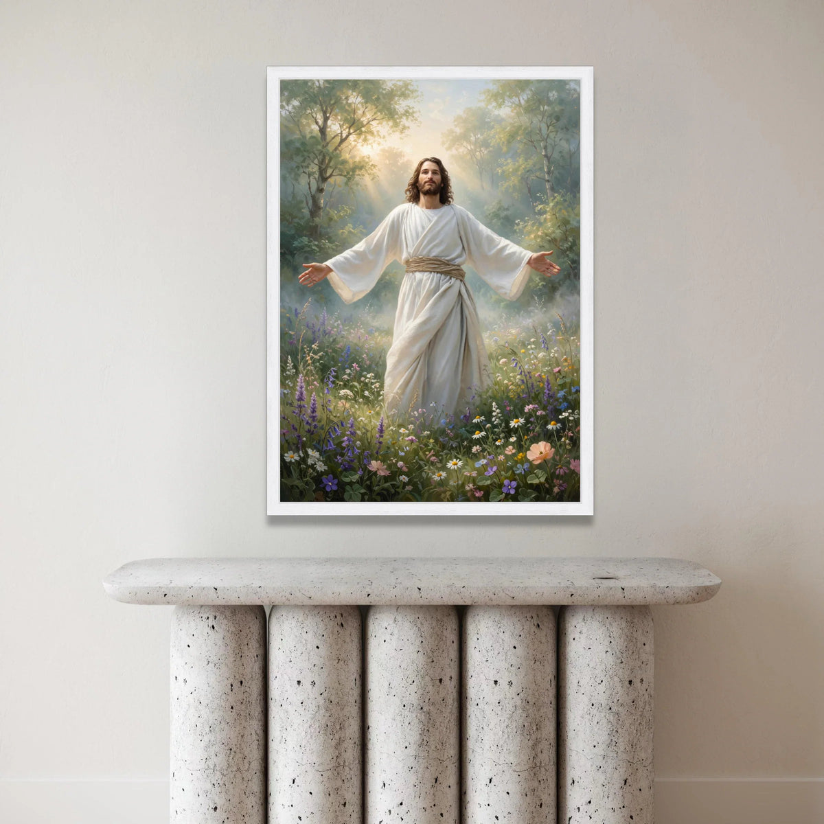 Radiant Christ Figure Canvas, Spiritual Nature Scene, Peaceful Garden Wall Art, Inspirational Religious Canvas, Serenity Canvas Print Art