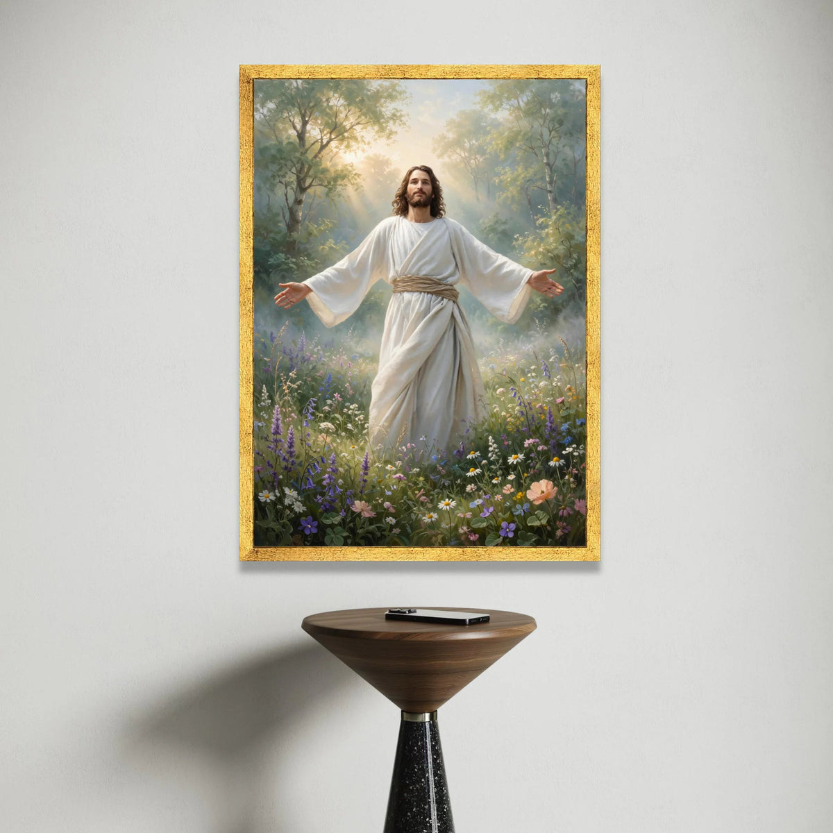 Radiant Christ Figure Canvas, Spiritual Nature Scene, Peaceful Garden Wall Art, Inspirational Religious Canvas, Serenity Canvas Print Art
