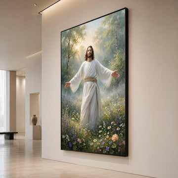 Radiant Christ Figure Canvas, Spiritual Nature Scene, Peaceful Garden Wall Art, Inspirational Religious Canvas, Serenity Canvas Print Art