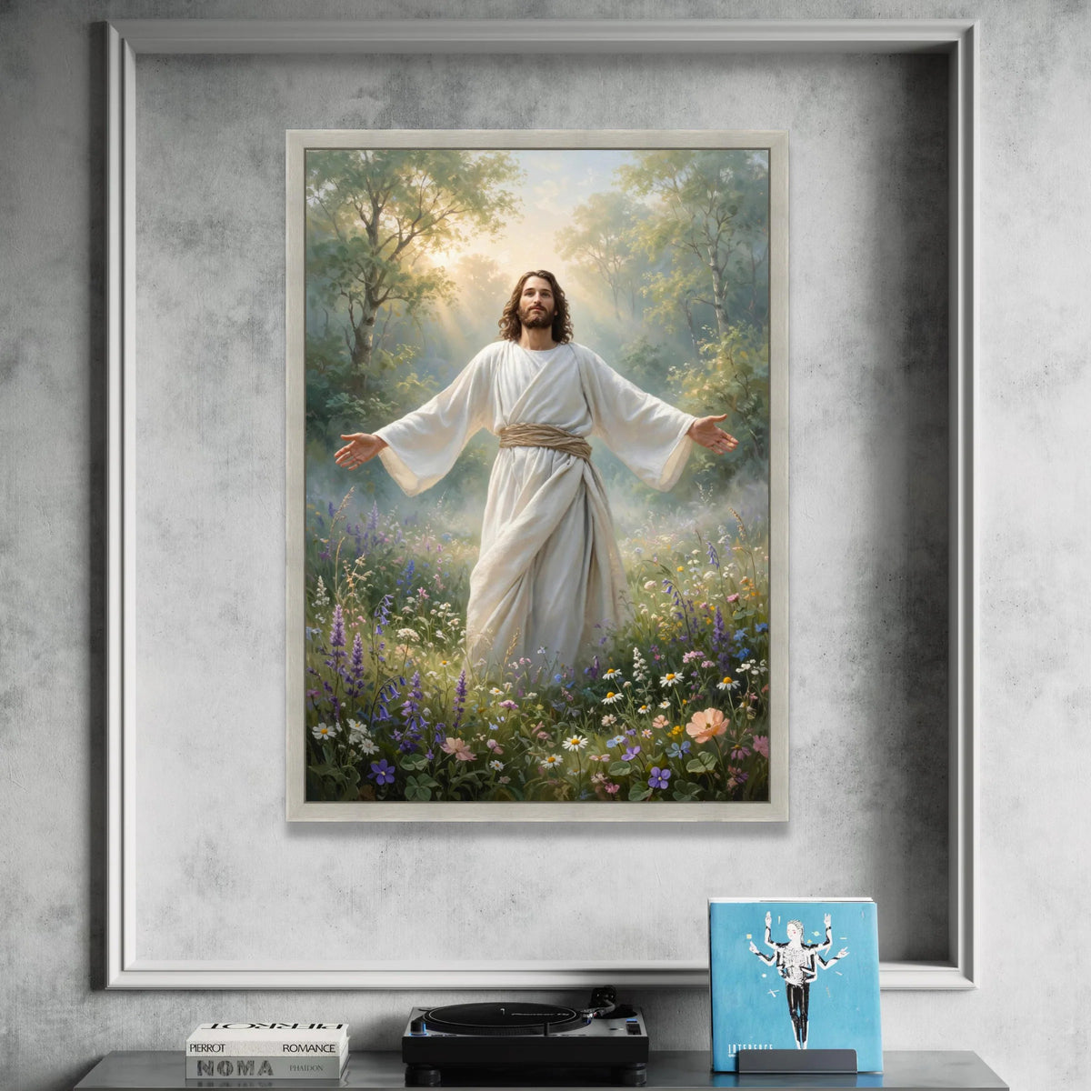 Radiant Christ Figure Canvas, Spiritual Nature Scene, Peaceful Garden Wall Art, Inspirational Religious Canvas, Serenity Canvas Print Art