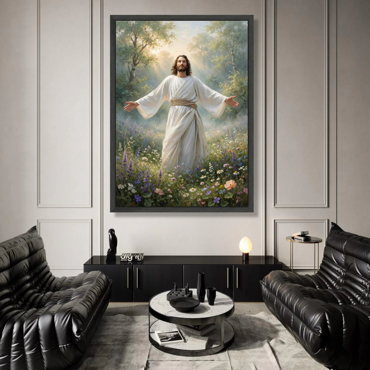 Radiant Christ Figure Canvas, Spiritual Nature Scene, Peaceful Garden Wall Art, Inspirational Religious Canvas, Serenity Canvas Print Art