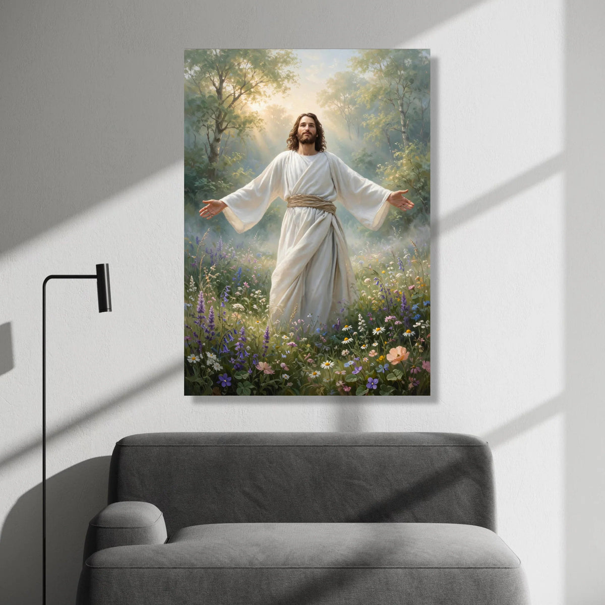 Radiant Christ Figure Canvas, Spiritual Nature Scene, Peaceful Garden Wall Art, Inspirational Religious Canvas, Serenity Canvas Print Art