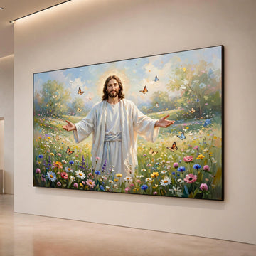 Radiant Christ Flower Meadow Canvas, Spiritual Christian Wall Art, Peaceful Nature Scene, Butterfly Garden Canvas, Canvas Print Art