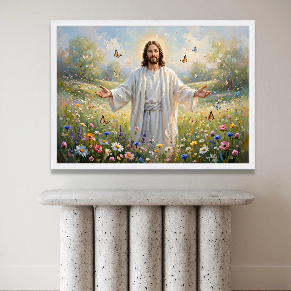 Radiant Christ Flower Meadow Canvas, Spiritual Christian Wall Art, Peaceful Nature Scene, Butterfly Garden Canvas, Canvas Print Art
