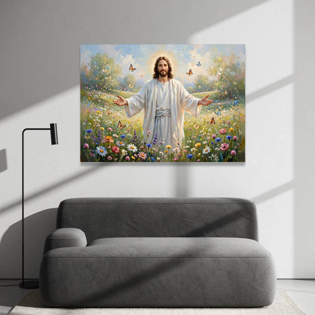 Radiant Christ Flower Meadow Canvas, Spiritual Christian Wall Art, Peaceful Nature Scene, Butterfly Garden Canvas, Canvas Print Art