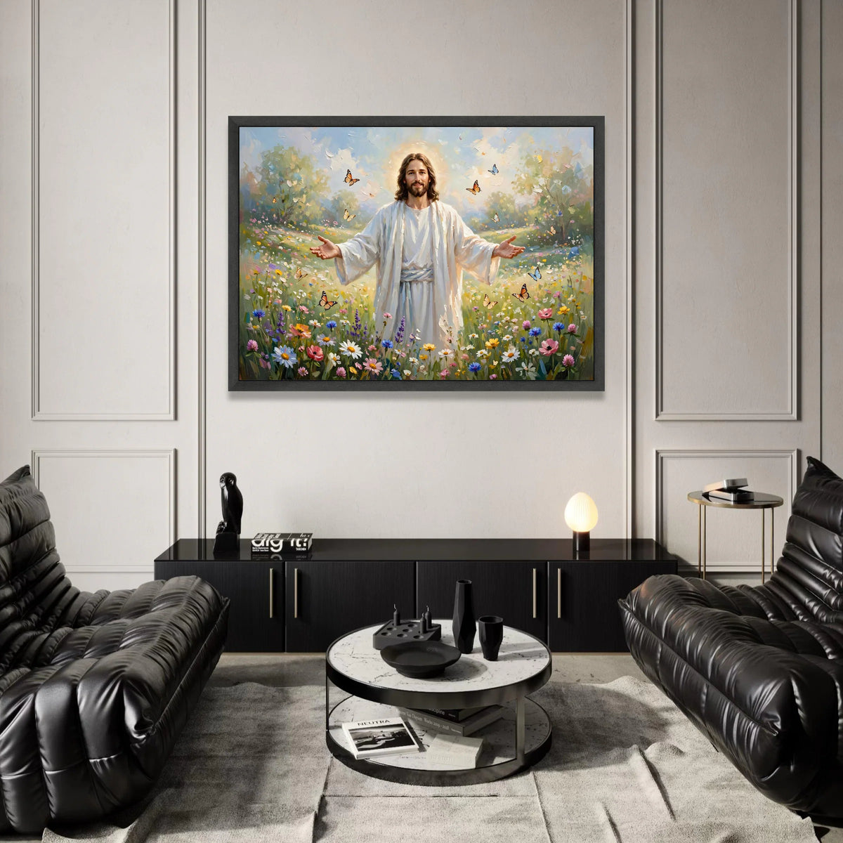Radiant Christ Flower Meadow Canvas, Spiritual Christian Wall Art, Peaceful Nature Scene, Butterfly Garden Canvas, Canvas Print Art