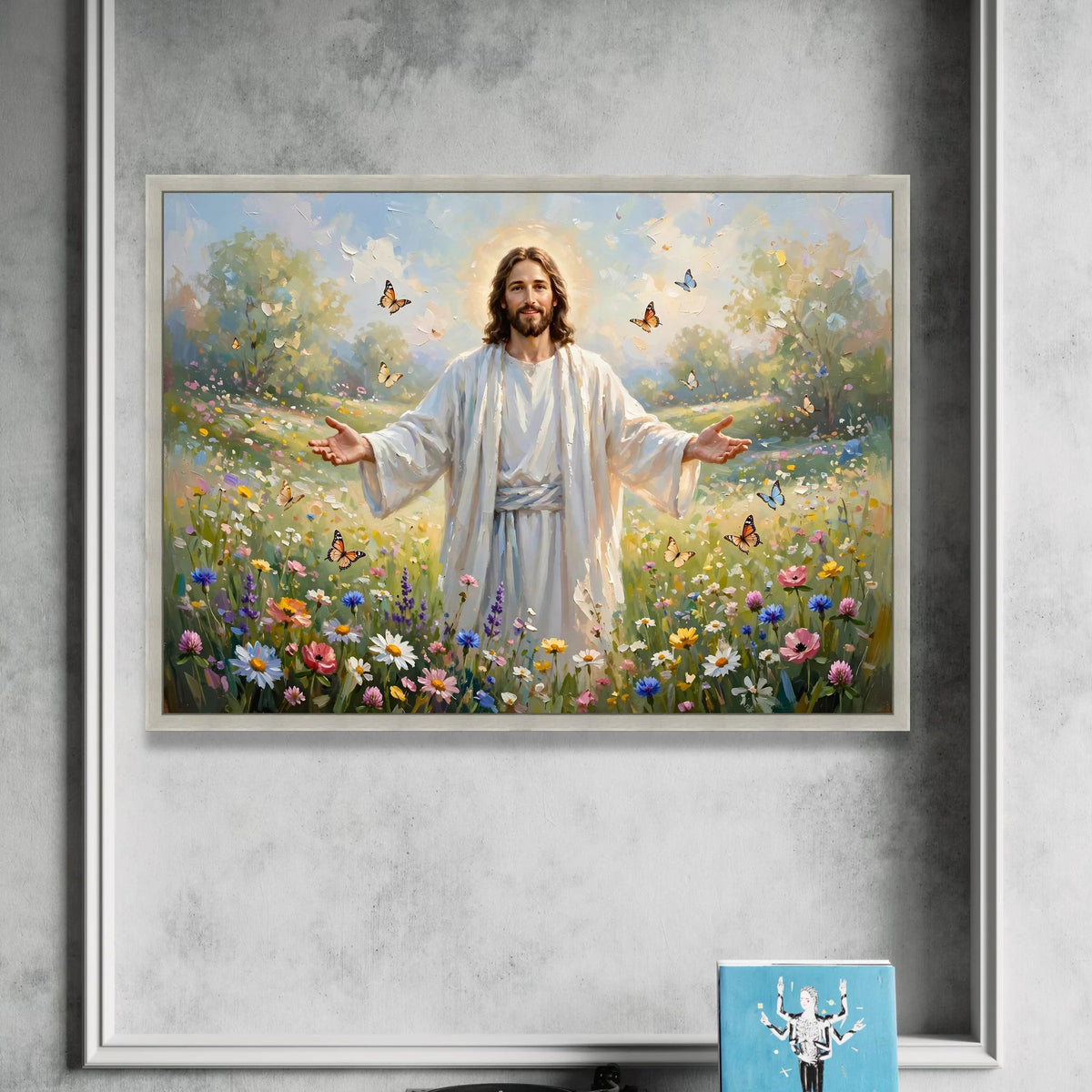 Radiant Christ Flower Meadow Canvas, Spiritual Christian Wall Art, Peaceful Nature Scene, Butterfly Garden Canvas, Canvas Print Art