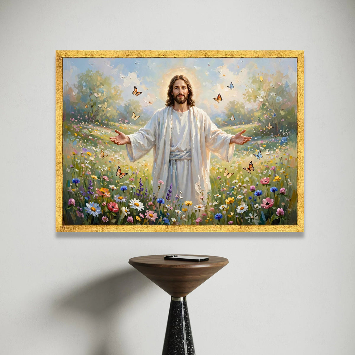Radiant Christ Flower Meadow Canvas, Spiritual Christian Wall Art, Peaceful Nature Scene, Butterfly Garden Canvas, Canvas Print Art