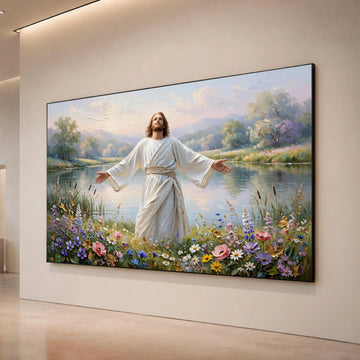 Peaceful Morning Landscape with Inspirational Figure, Floral Meadow Canvas Wall Art, Serenity River Scene, Spiritual Home Canvas Print Art
