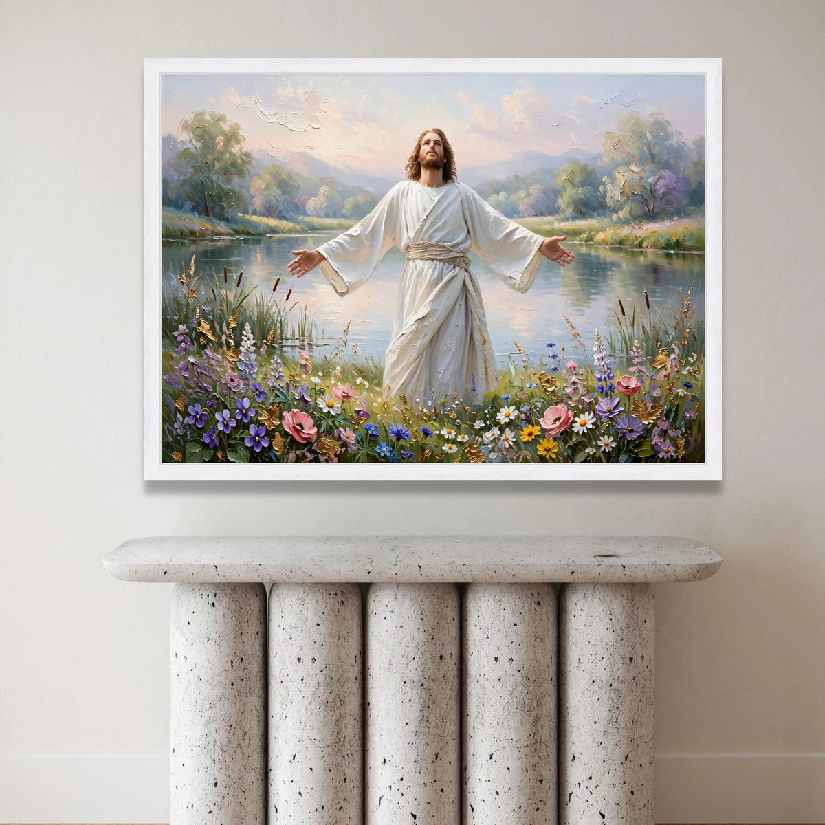 Peaceful Morning Landscape with Inspirational Figure, Floral Meadow Canvas Wall Art, Serenity River Scene, Spiritual Home Canvas Print Art