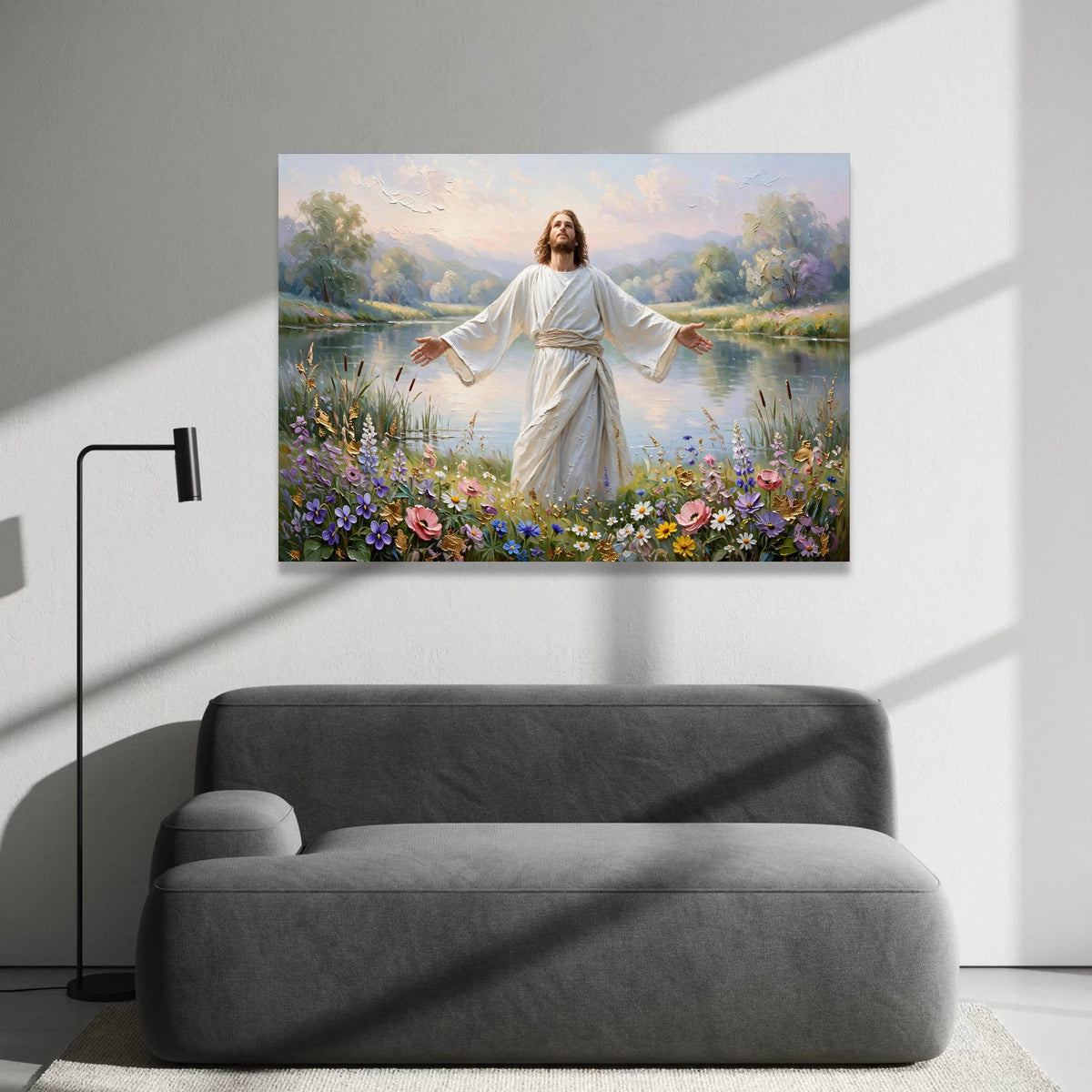 Peaceful Morning Landscape with Inspirational Figure, Floral Meadow Canvas Wall Art, Serenity River Scene, Spiritual Home Canvas Print Art