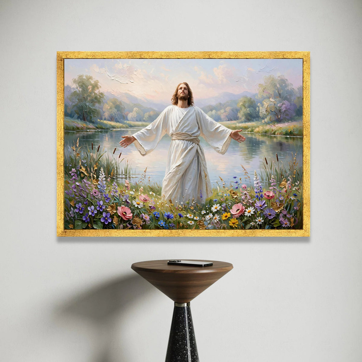 Peaceful Morning Landscape with Inspirational Figure, Floral Meadow Canvas Wall Art, Serenity River Scene, Spiritual Home Canvas Print Art