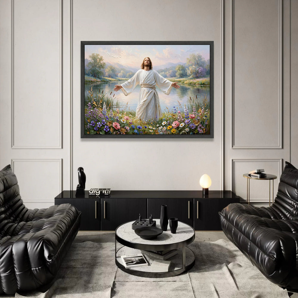 Peaceful Morning Landscape with Inspirational Figure, Floral Meadow Canvas Wall Art, Serenity River Scene, Spiritual Home Canvas Print Art