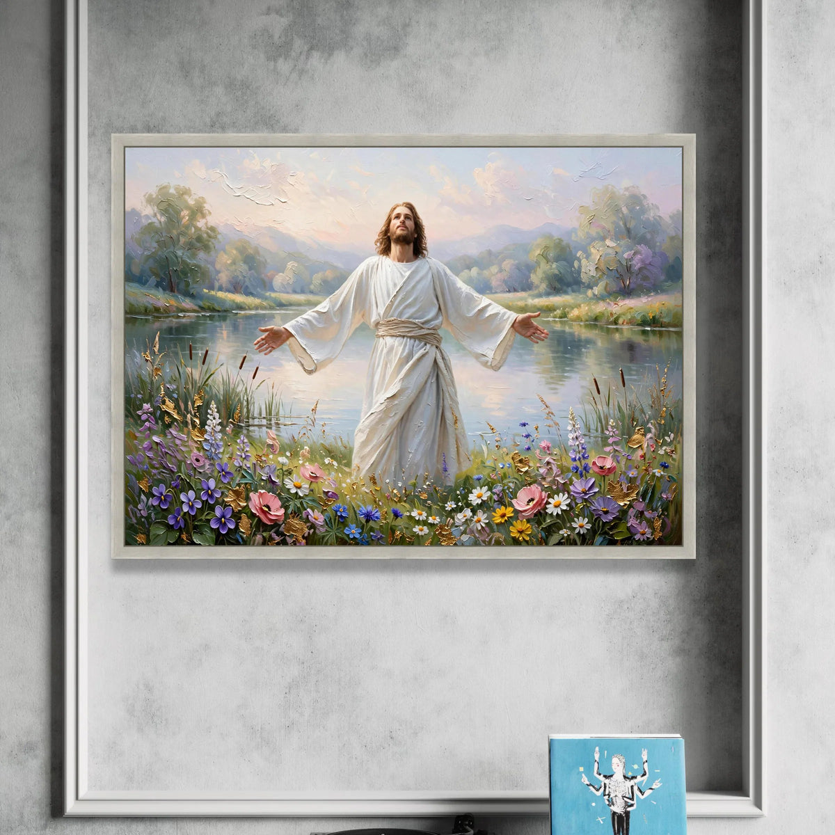Peaceful Morning Landscape with Inspirational Figure, Floral Meadow Canvas Wall Art, Serenity River Scene, Spiritual Home Canvas Print Art