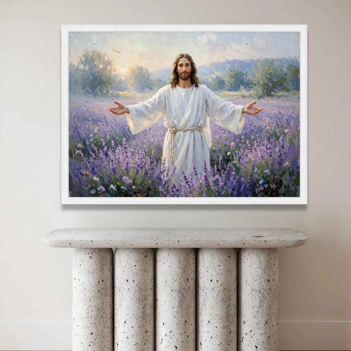 Peaceful Christ Figure Canvas, Spiritual Wall Art, Open Arms Religious Painting, Lavender Field Scene Canvas, Inspirational Canvas Print Art