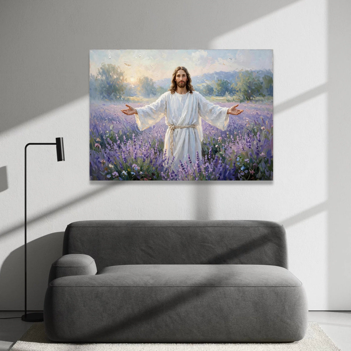 Peaceful Christ Figure Canvas, Spiritual Wall Art, Open Arms Religious Painting, Lavender Field Scene Canvas, Inspirational Canvas Print Art