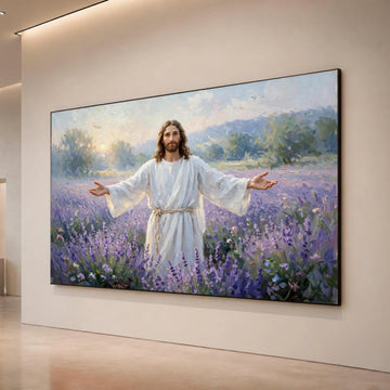 Peaceful Christ Figure Canvas, Spiritual Wall Art, Open Arms Religious Painting, Lavender Field Scene Canvas, Inspirational Canvas Print Art