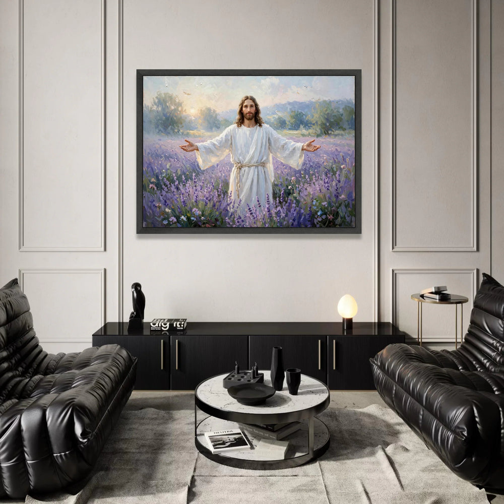 Peaceful Christ Figure Canvas, Spiritual Wall Art, Open Arms Religious Painting, Lavender Field Scene Canvas, Inspirational Canvas Print Art