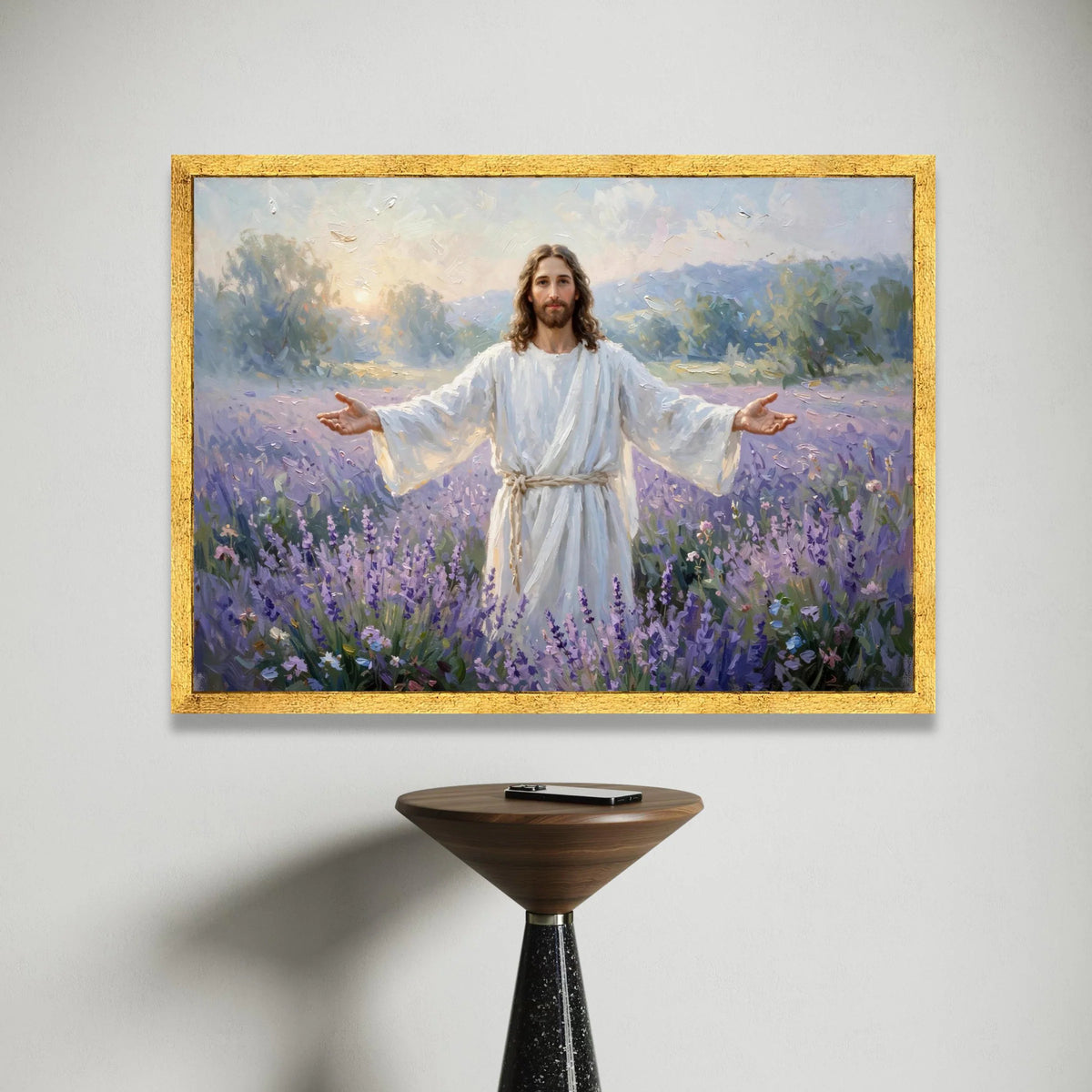 Peaceful Christ Figure Canvas, Spiritual Wall Art, Open Arms Religious Painting, Lavender Field Scene Canvas, Inspirational Canvas Print Art