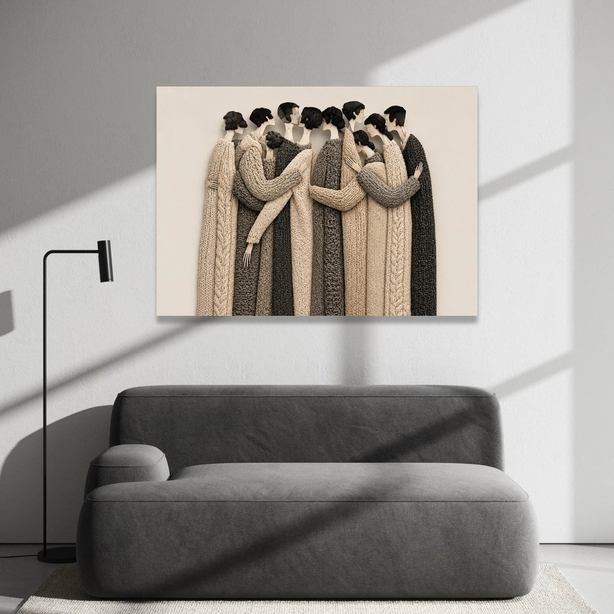 Embrace of Togetherness Canvas Wall Art, Neutral Tones Knitted Sweater Figures, Modern Figurative Canvas, Warm Home Decor, Canvas Print Art