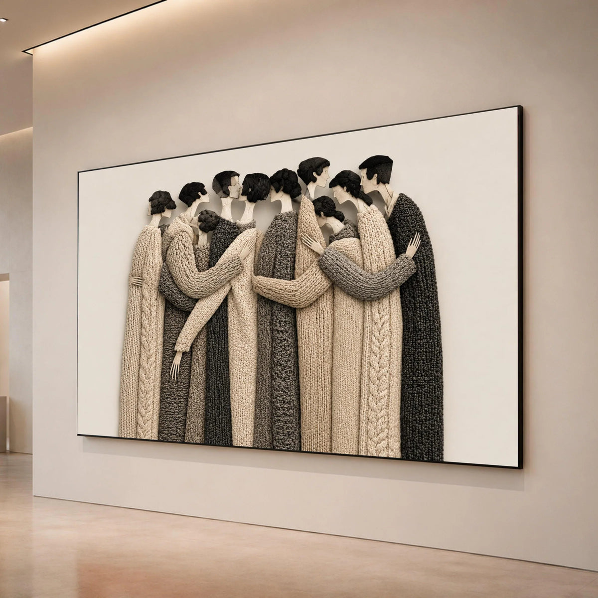 Embrace of Togetherness Canvas Wall Art, Neutral Tones Knitted Sweater Figures, Modern Figurative Canvas, Warm Home Decor, Canvas Print Art