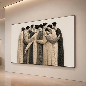 Embrace of Togetherness Canvas Wall Art, Neutral Tones Knitted Sweater Figures, Modern Figurative Canvas, Warm Home Decor, Canvas Print Art