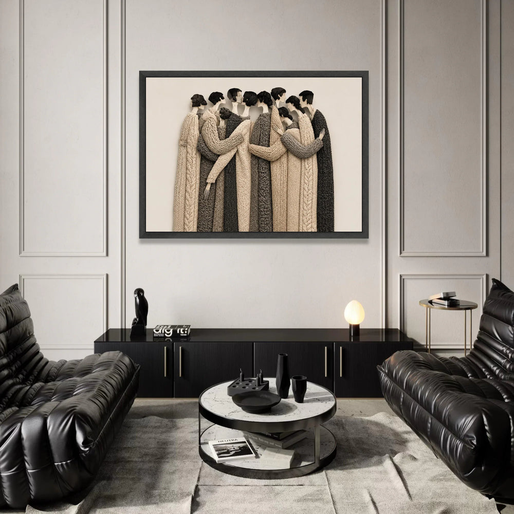 Embrace of Togetherness Canvas Wall Art, Neutral Tones Knitted Sweater Figures, Modern Figurative Canvas, Warm Home Decor, Canvas Print Art