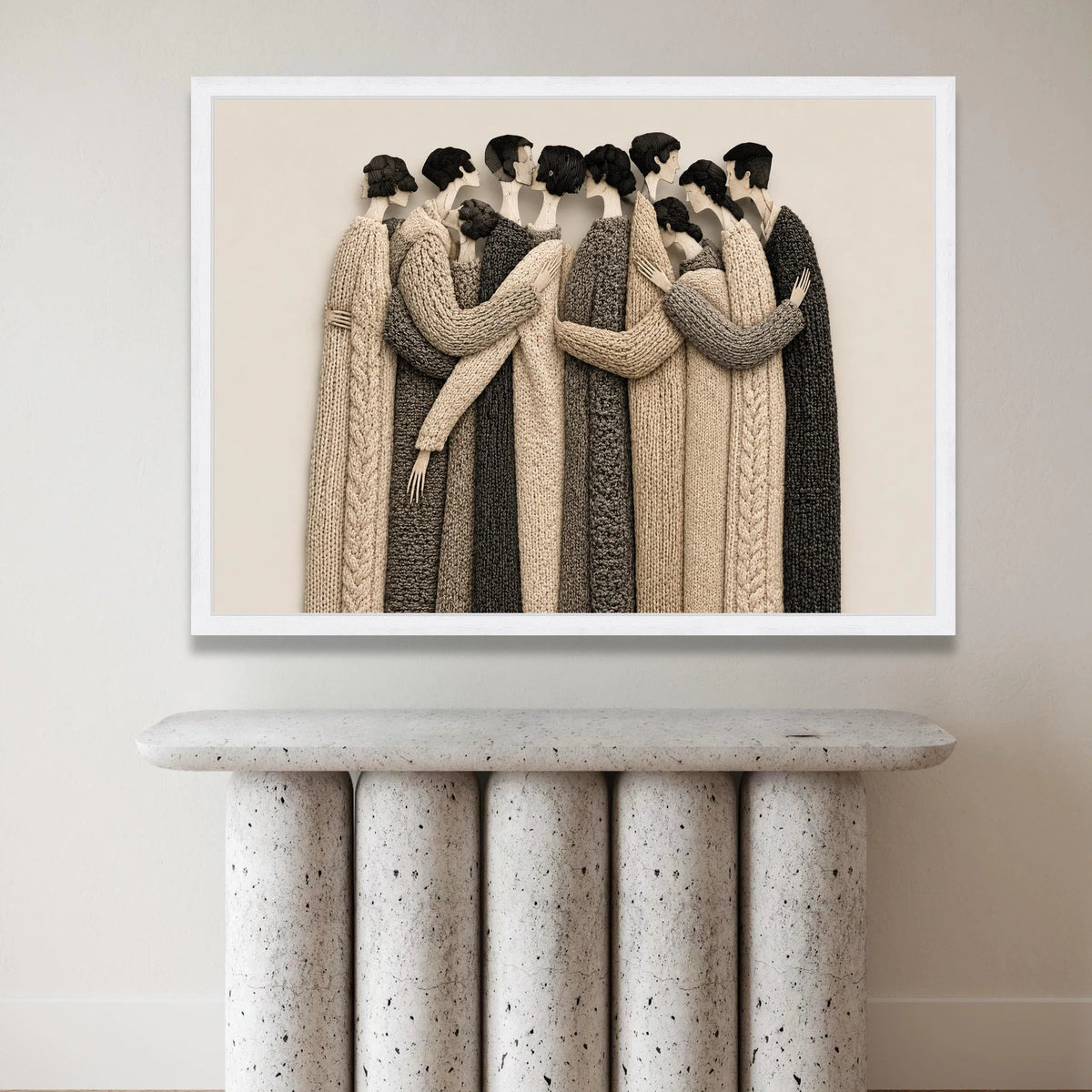 Embrace of Togetherness Canvas Wall Art, Neutral Tones Knitted Sweater Figures, Modern Figurative Canvas, Warm Home Decor, Canvas Print Art